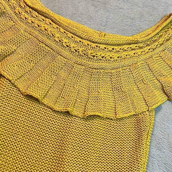 Anthropologie Mustard Yellow Crochet Ruffle Off Shoulder Sweater - Size Small - Picture 7 of 13